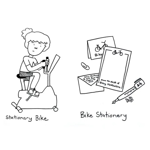 In this comparison cartoon, we see a stationery bike next to bike stationary, a pile of personalized pens, envelopes, and letters all "From the Desk of Mr. Bikey McWheelerson"