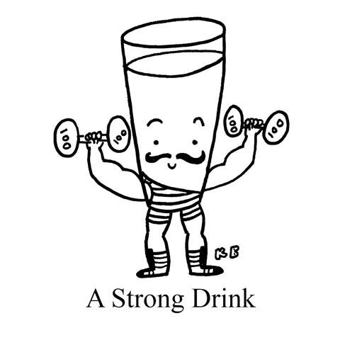 In this pun on strong drink, we see a drink lifting weights.