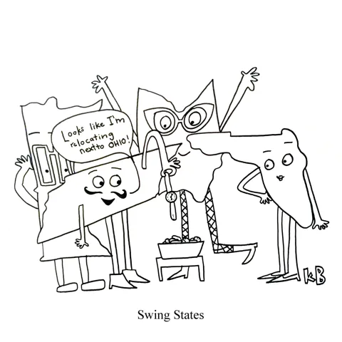 In this pun on swing states, we see some states pulling watches out of a hat, talking about what states they'll be relocating to later that night (that's right, they are swingers.... swing states...)