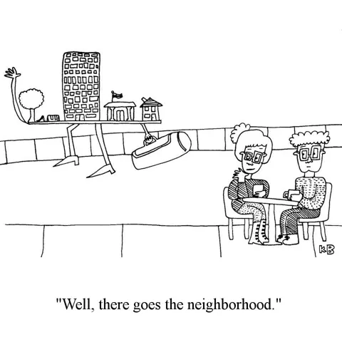 Two people eat lunch and comment, "There goes the neighborhood!' as the neighborhood walks by with a duffle bag and waves farewell to them. 