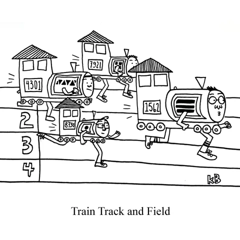 In this mashup pun between "train track" and "track and field," we see some train engines running in a track and field event. 