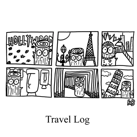 Photographs a a smiley wood log on its travels -- at the Hollywood sign, in front of the Eiffel Tower in Paris, on the Brooklyn Bridge, with the statues on Easter Island, at the gates in Japan, and at the Leaning Tower of Pisa.  