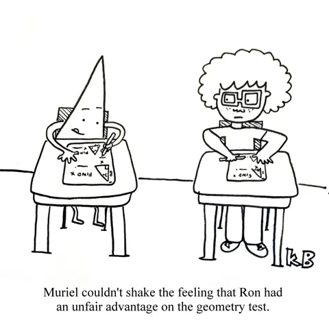 In this play on the anxiety of taking math tests, we see a girl taking an exam feeling that the student next to her has an unfair advantage on this geometry test since he is a triangle. 
