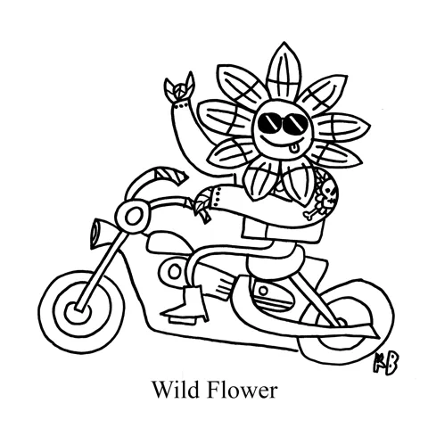 In this pun on wild flowers, we see a wild flower - i.e. a flower in a leather jacket with sunglasses riding a sweet motorcycle. 