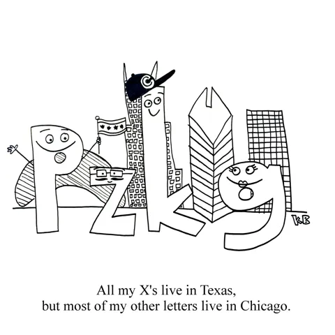 In this pun on the song All My Exes Live in Texas, we learn that while all my X's live in Texas, most of my other letters live in Chicago. We see P, Z, K, and G in front of the bean and Hancock tower wearing Cubs and Bears gear. 
