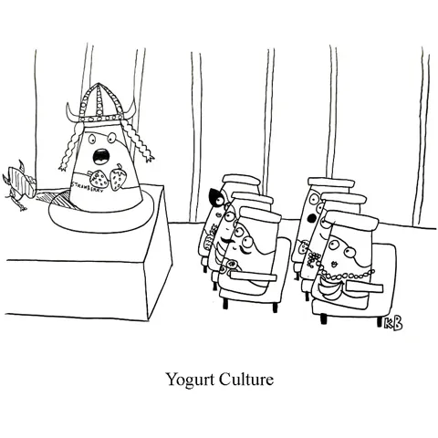 In this pun on yogurt culture, we see the epitome of culture - the opera- starring a yogurt container. 