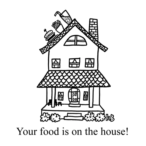 A hamburger, fries, and a soda on the roof of a house